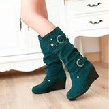 Women's Mid-Calf Suede Wedge Stud Boot - Suede - Brown Camel - 11 B - PU Suede Leather - image 3