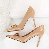 Women's Patent Metal Buckle Luxury Heels - Beige - 10cm Heels - 43 B - PU Leather - image 10