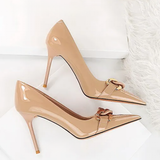 Women's Patent Metal Buckle Luxury Heels - Beige - 10cm Heels - 43 B - PU Leather - image 9