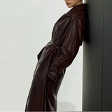 Women's Extra Long Faux Leather Coat - Brown - Long PU Leather Jacket - 5XL - PU leather - image 4