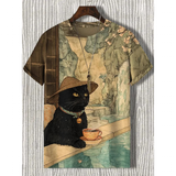 Unisex Cartoon Cat Tee - Khaki - Cat Shirt - 5XL - Polyester - image 9