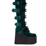 Women's Green Wedge Platform Rivet Boots - Green - Velvet Platform Boots - 43 B - PU Leather - image 6