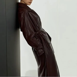 Women's Extra Long Faux Leather Coat - Brown - Long PU Leather Jacket - 5XL - PU leather - image 6