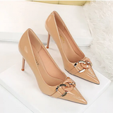 Women's Patent Metal Buckle Luxury Heels - Beige - 10cm Heels - 43 B - PU Leather - image 12