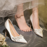 Women's French Silk Flower Wedding Shoe - White - 10cm Bridal Shoes - 41 B - Silk/PU Leather - image 7