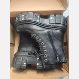 Women's Leather Dark Punk Lace Up Boot - Black - Biker Boots - 46 B - Split Leather - image 12