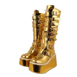 Women's Gold Buckle Strap Platform Boots - Gold - Buckle Boots - 46 B - PU Leather - image 1