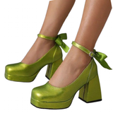 Women's Square Toe Block Heel Platforms - Blue - Platform Heels - US14-EU45-27.5CM - PU Leather - image 1