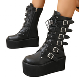 Women's Buckle Strap Wedge Biker Boots - Black - 1 - Matte - Biker Boots - 43 B - PU Leather - image 17