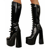 Women's Cut Out Chunky Knee High Boots - Black - Matte Platform Boots - 43 B - PU Leather - image 8