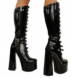 Women's Cut Out Chunky Knee High Boots - Black - Matte Platform Boots - 43 B - PU Leather - image 11