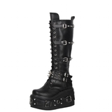 Women's Gothic Buckle Rivet Wedge Boots - Black - Boots - 46 B - PU Leather - image 15