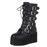 Women's Buckle Strap Wedge Biker Boots - Black - 1 - Matte - Biker Boots - 43 B - PU Leather - image 19