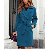 Women's Suit Collar Slim Fit Tie Belt Coat - Teal - Women's Jacket - XXXL - Polyester - image 21
