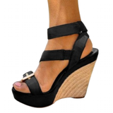 Women's Summer Peep Toe Wedge Sandal - Black - Wedge Sandals - 43 B - PU Leather - image 11