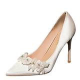 Women's French Silk Flower Wedding Shoe - White - 10cm Bridal Shoes - 41 B - Silk/PU Leather - image 1