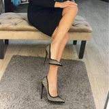 Women's Classic Black Striped Stiletto Pumps - Black - 12cm Heel - 46 B - PU Leather - image 9