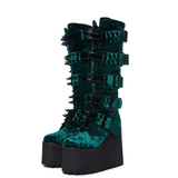 Women's Green Wedge Platform Rivet Boots - Green - Velvet Platform Boots - 43 B - PU Leather - image 1