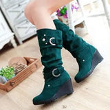 Women's Mid-Calf Suede Wedge Stud Boot - Suede - Brown Camel - 11 B - PU Suede Leather - image 11