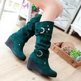 Women's Mid-Calf Suede Wedge Stud Boot - Suede - Brown Camel - 11 B - PU Suede Leather - image 14