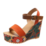 Women's Floral Platform Wedge Sandals - Black - Retro Print Wedges - 42 B - PU Leather - image 1