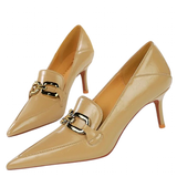 Women's Low Pointed Toe Buckle Pumps - Apricot - Pumps - 40 B - PU Leather - image 45