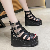 Women's Gothic Punk Rivet Wedge Sandal - Black - 1 / Rivet / Matte / Sandals - 43 B - PU Leather - image 23