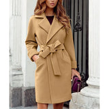 Women's Suit Collar Slim Fit Tie Belt Coat - Khaki - Women's Jacket - XXXL - Polyester - image 6