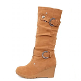 Women's Mid-Calf Suede Wedge Stud Boot - Suede - Brown Camel - 11 B - PU Suede Leather - image 39