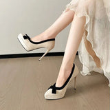 Women's Suede Bow Tie Platorm Heels - Black - 12cm Heel - 42 B - PU Suede Leather - image 30
