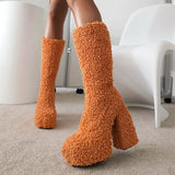Women's Knee-High Fuzzy Platform Boots - Beige - Fuzzy Boots - 42 B - Faux Fur/PU Leather - image 33