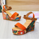 Women's Floral Platform Wedge Sandals - Black - Retro Print Wedges - 42 B - PU Leather - image 11