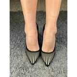 Women's Classic Black Striped Stiletto Pumps - Black - 12cm Heel - 46 B - PU Leather - image 8