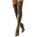 Women's High Stiletto Leopard Print Boots - Khaki - Leopard Print - 45 B - Plush Stretch Material - image 3