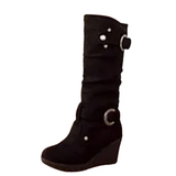 Women's Mid-Calf Suede Wedge Stud Boot - Suede - Black - 11 B - PU Suede Leather - image 37