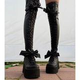 Women's Matte Over Knee Bow Knot Boots - Black - Matte Boots - 50 B - PU Leather - image 4