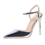 Women's Shiny Patent High Heel Slingback - Silver - Strappy Stilettos - 9 B - PU Leather - image 16