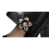 Women's Flower Buckle Mary Janes Heels - Black - 1 / 13cm Heel - 43 B - PU Leather - image 5