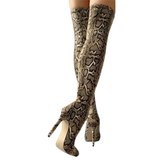 Women's High Stiletto Leopard Print Boots - Khaki - Leopard Print - 45 B - Plush Stretch Material - image 2