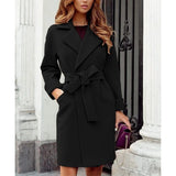 Women's Suit Collar Slim Fit Tie Belt Coat - Black - Women's Jacket - XXXL - Polyester - image 24