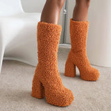 Women's Knee-High Fuzzy Platform Boots - Beige - Fuzzy Boots - 42 B - Faux Fur/PU Leather - image 35