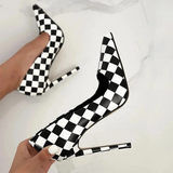Women's Colored Checkered High Heels - Black/White - 1 / 12cm Heel - 46 B - PU Leather - image 12