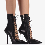 Women's Stylish Lace Up Stiletto Boots - Blue - Denim Long Boots - 45 B - PU Leather - image 42