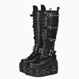 Women's Gothic Buckle Rivet Wedge Boots - Black - Boots - 46 B - PU Leather - image 2