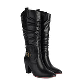 Women's Pull On High Block Heeled Boots - Black - Boots - 46 B - PU Leather - image 3