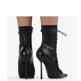 Women's Stylish Lace Up Stiletto Boots - Blue - Denim Long Boots - 45 B - PU Leather - image 41