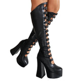 Women's Cut Out Chunky Knee High Boots - Black - Matte Platform Boots - 43 B - PU Leather - image 15
