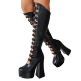 Women's Cut Out Chunky Knee High Boots - Black - Matte Platform Boots - 43 B - PU Leather - image 1
