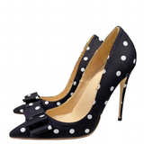Women's Silk Polka Dot Bow Knot Heels - Black - 1 / 12cm Heel - 46 B - Silk/Leather - image 1