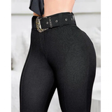 Women's High Waist Skinny Pants with Belt - Black - Skinny Pants - XL - Polyester - image 8
